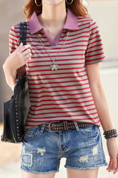 Fancy Striped Print V-neck Short-sleeved Regular Polo Shirt for Women