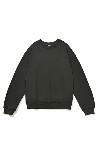 Men Trendy Solid Rib Hem Detailed Long Sleeve Crew Neck Baggy Pullover Sweatshirt