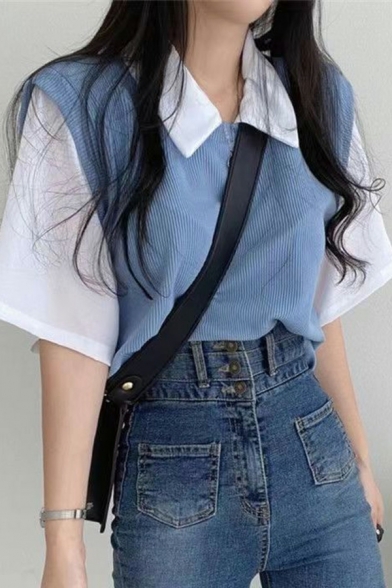 Novelty Women Contrast Color Spread Collar Half Sleeves Fake Two Pieces Polo Shirt