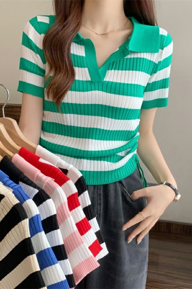 Retro Women Striped Pattern V Neck Short-sleeved Crop Polo Shirt