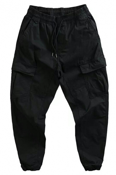 Street Look Men Solid Flap Pocket Drawstring Waist Mid Rise Cargo Pants