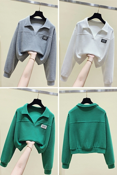 Women Stylish Pure Color Regular Fitted Long-Sleeved V-neck Pullover Sweatshirt