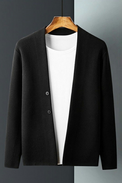 Men Simple Pure Color Long Sleeves V-neck Regular Fit Button Closure Cardigan
