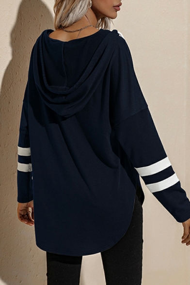 Modern Women Stripe Pattern Curve Hem Long Sleeve V-neck Regular Drawstring Sweatshirt
