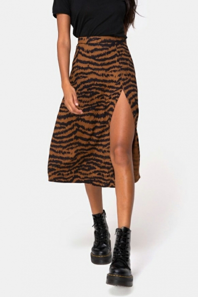 Basic Ladies Leopard Printed Split Regular Midi Length High Elastic Waist Skirt