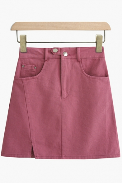 Cool Ladies Pure Color Mini Length Pocket Side Split High Waist Button Fly A-Line Skirt