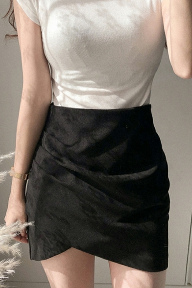 Girls Simple Whole Colored Sashes High Waist Mini Length Asymmetrical Skirt