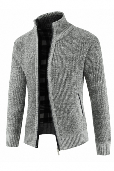 Mens Fashion Solid Color Pocket Long Sleeves Stand Collar Slimming Zip Closure Cardigan