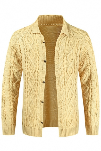 Mens Retro Pure Color Rib Cuffs Long-Sleeved Slim Fit Stand Neck Button-up Cardigan