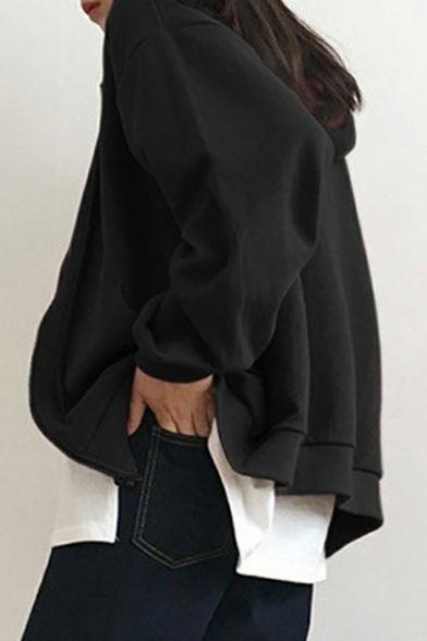 Vintage Girls Whole Colored Pocket Hooded Long-Sleeved Baggy Zip down Drawstring Hoodie