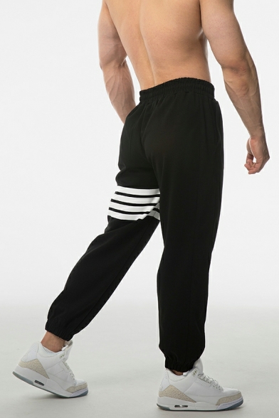 Chic Stripe Print Pocket Designed Mid Rise Drawcord Waist Loose Pants for Men