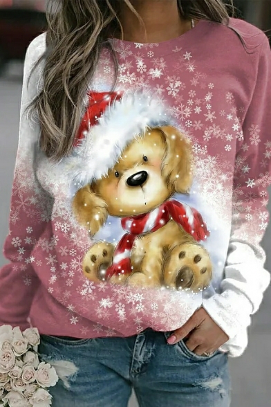 Cool Women 3D Christmas Print Long Sleeves Round Collar Regular Fit Pullover Sweatshirt