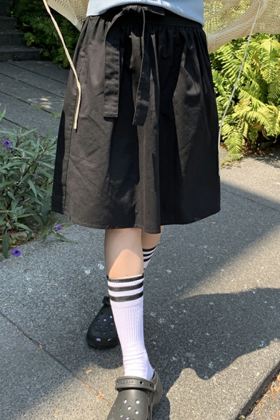 Edgy Women Skirt Solid Color Bow Detail Elastic Waist Midi Length A-Line Skirt