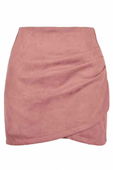 Girls Simple Whole Colored Sashes High Waist Mini Length Asymmetrical Skirt