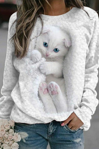 Hot Womens 3D Cat Print Fitted Long-Sleeved Round Collar Pullover Sweatshirt