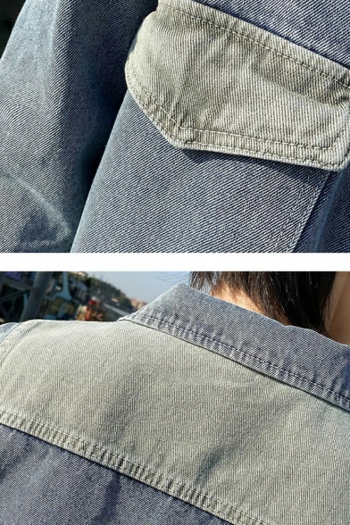 Popular Color Block Flap Pocket Spread Neck Long Sleeve Fitted Single Breast Denim Jacket