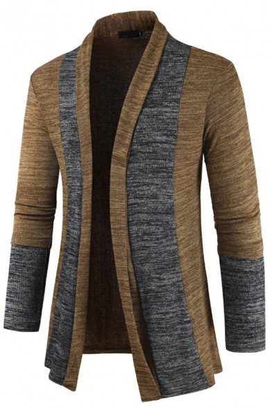 Unique Color Block Stand Collar Long Sleeve Slim Fitted Open Front Cardigan for Guys