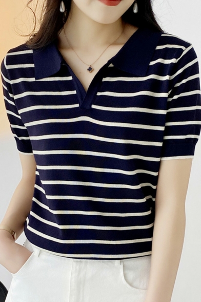 Unique Girls Striped Print Spread Collar Short Sleeve Regular Polo Shirt