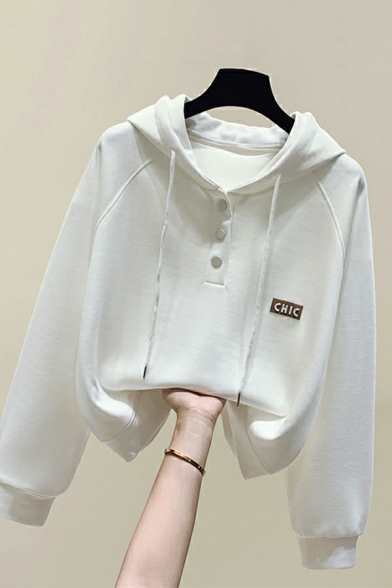Women Fashionable Plain Hooded Button Detailed Long-Sleeved Drawstring Hoodie