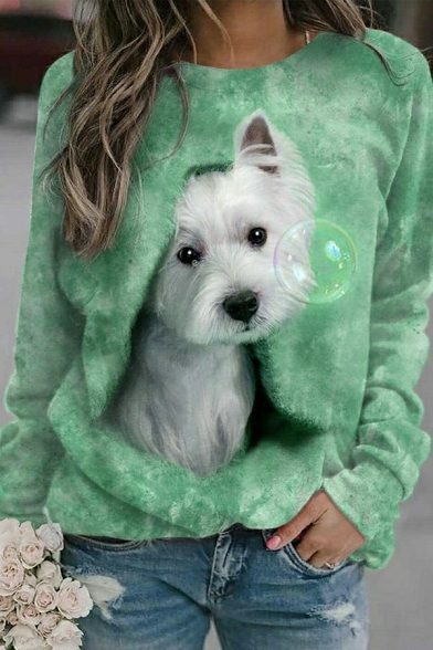 Women Urban 3D Dog Printed Round Neck Fitted Long-Sleeved Pullover Sweatshirt
