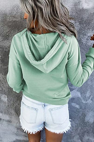 Womens Solid Color Drawstring Detail Long-Sleeved Hooded Button down Hoodie