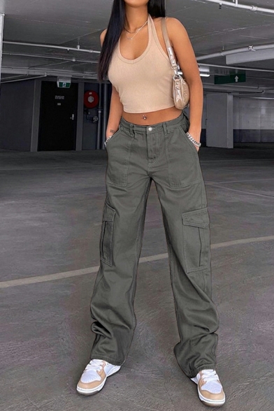 Casual Solid Color Mid Waist Loose Fit Pocket Long Length Zip-up Cargo Pants for Girls