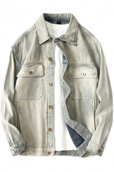 Fashionable Guy's Solid Flap Pocket Spread Collar Loose Long Sleeve Button-up Denim Jacket