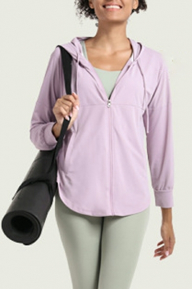 Hot Girl's Solid Color Regular Fit Long-Sleeved Zipper Hooded Drawstring Hoodie