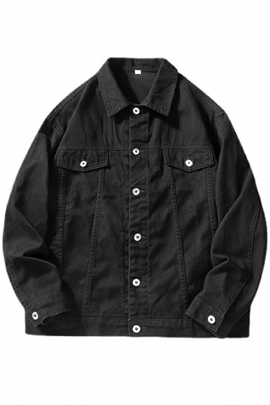 Boy's Fashionable Solid Chest Pocket Point Collar Long Sleeves Baggy Button Denim Jacket