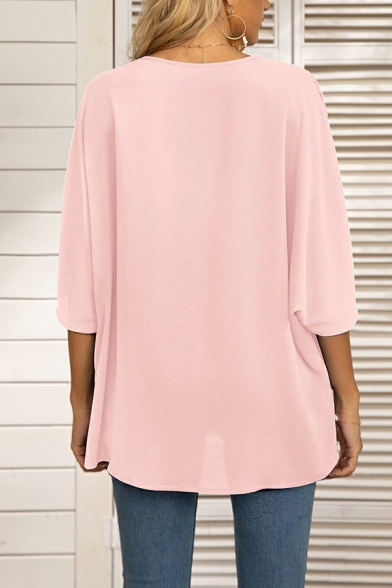 Chic Geometric Printed Half Dolman Sleeves V Neck Baggy Tee Shirt for Girls