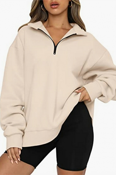 Cool Women Solid Long Sleeves Spread Collar Regular Fit Zip Design Sweatshirt
