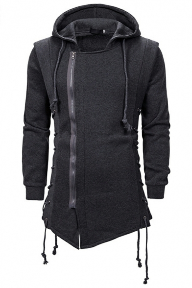 Fancy Boy's Solid Color Drawstring Long Sleeves Slimming Hooded Oblique Zipper Hoodie