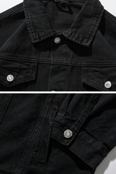 Popular Men Pure Color Spread Collar Pocket Long Sleeve Button down Denim Jacket