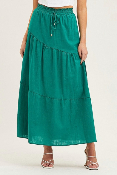 Popular Women Solid Color Drawstring Waist High Rise Maxi Length A-Line Skirt