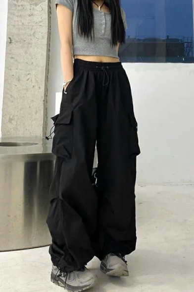 Retro Girls Pure Color High Rise Full Length Loose Fit Drawstring Cargo Pants
