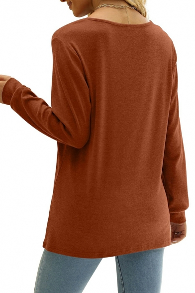 Simple Women Whole Colored Scoop Neck Long Sleeve Ruched Detail Tee Shirt