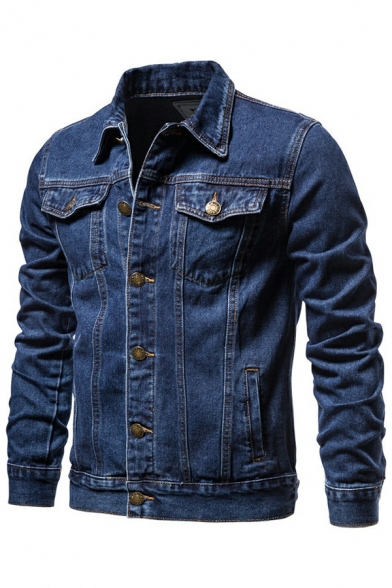 Street Look Plain Chest Pocket Turn-down Collar Long Sleeve Slimming Denim Jacket for Guys