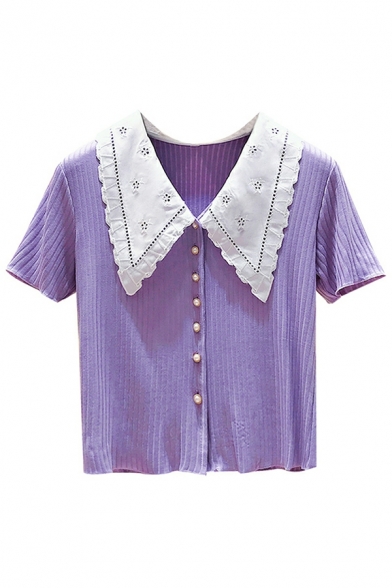 Trendy Girls Color Block Peter Pan Collar Short-sleeved Button Fly Crop Polo Shirt