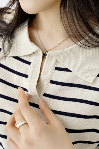 Unique Girls Striped Print Spread Collar Short Sleeve Regular Polo Shirt