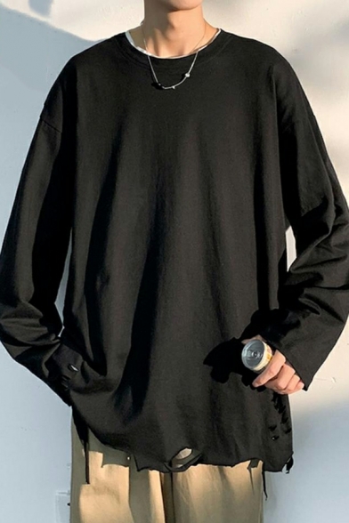 Casual Men Pure Color Cut-outs Crew Neck Long Sleeve Loose Fitted Tee Top