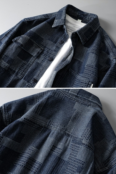 Elegant Men Checked Print Turn-down Collar Long-Sleeved Button Closure Denim Jacket