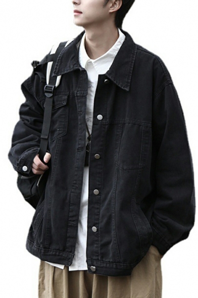 Fashion Guys Pure Color Front Pocket Turn-down Collar Long Sleeve Baggy Denim Jacket