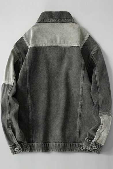 Men Modern Contrast Color Pocket Designed Spread Collar Long Sleeve Relaxed Denim Jacket