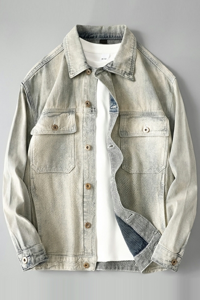 Street Look Guy's Plain Chest Pocket Spread Collar Loose Button Closure Denim Jacket