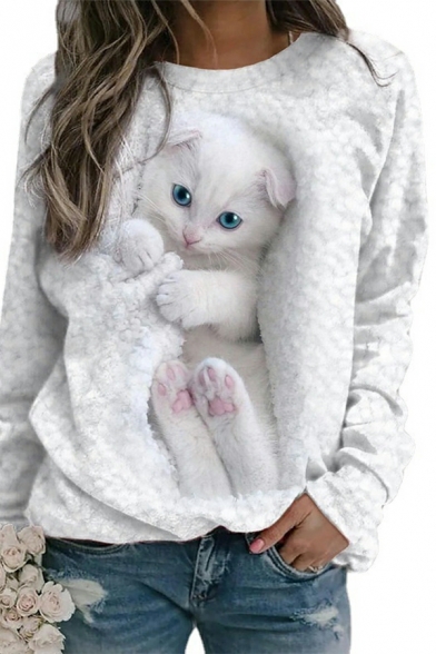 Vintage Girls 3D Cat Print Long-Sleeved Fitted Crew Collar Pullover Sweatshirt