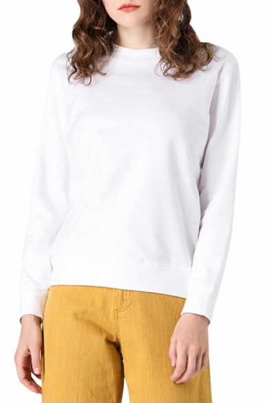 Women Urban Solid Round Neck Fitted Long-Sleeved Pullover Sweatshirt
