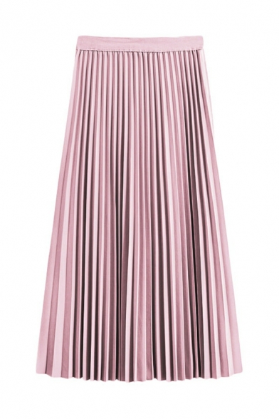 Ladies Leisure Pure Color High Rise Midi Length Elastic Waist Pleated Skirt