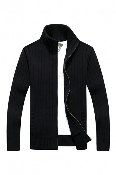Mens Street Style Solid Color Long Sleeved Regular Fit Stand Collar Zip Placket Cardigan