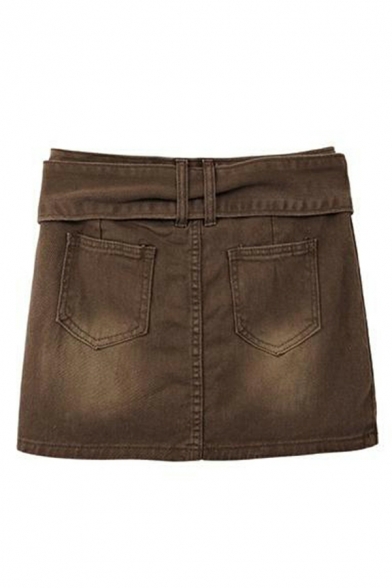 Original Women Solid Belt Design High Waist Mini Zip Placket A-Line Denim Skirt