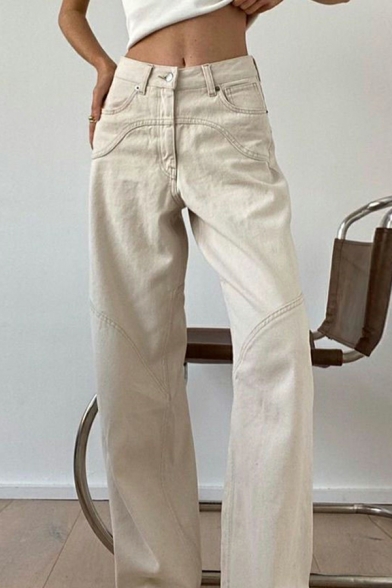 Simple Pocket Solid Mid Rise Full Length Button down Loose Fit Pants for Ladies